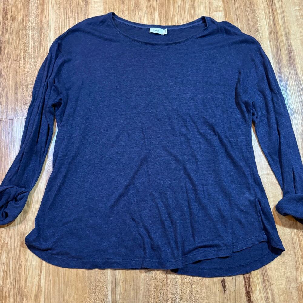 Vince Navy Linen Lightweight Quarter Sleeve Roll Cuff Top S